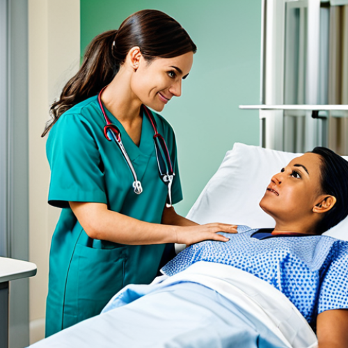 Home 11 Modern Hospital Scene**
"A fully clothed professional nurse, wearing modest scrubs, assisting a patient in a bright, modern hospital room. Include advanced medical equipment. Safe for work, appropriate content, perfect anatomy, correct proportions, natural pose, family-friendly."
**