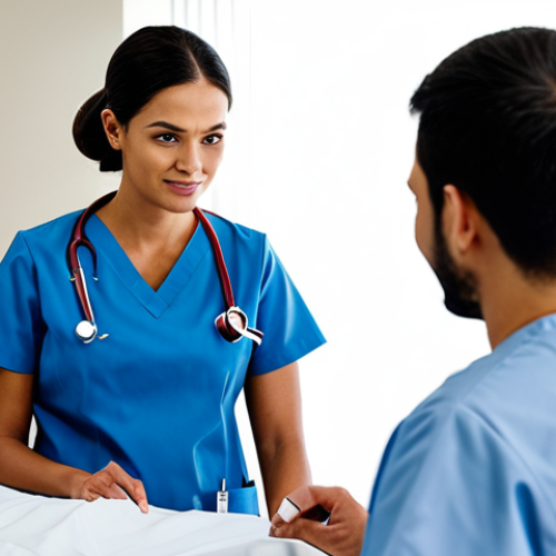 Home 6 **
A professional nurse in a modest, clean uniform, attending to a patient in a modern hospital room. The nurse is explaining a treatment plan, ensuring the patient understands all options. Focus on respectful communication and patient autonomy. Fully clothed, appropriate attire, safe for work, perfect anatomy, natural proportions, professional, modest, family-friendly.
**