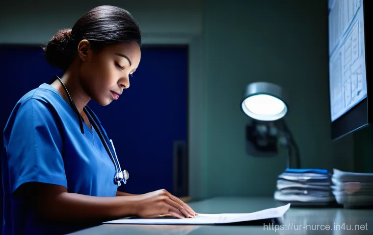 간호사 근무 교대제의 장단점 - **Prompt:** A focused and dedicated female nurse, dressed in clean, professional dark blue scrubs, m...