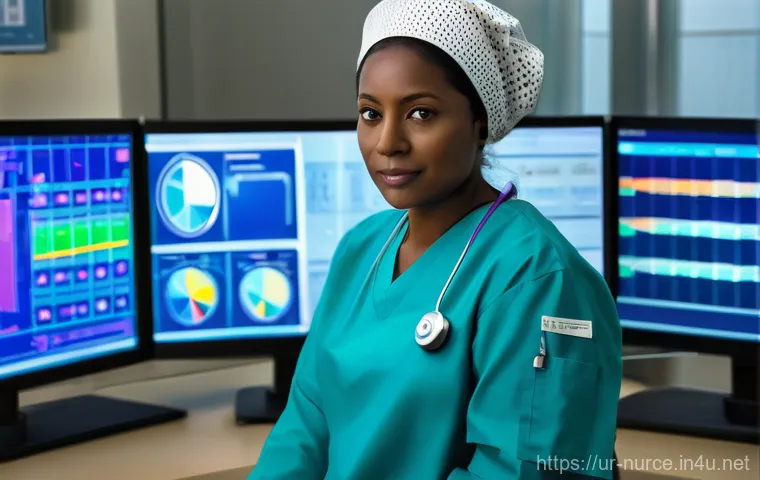 간호사의 기술 활용 및 디지털화 사례 - **Prompt: "A diverse group of nurses, dressed in clean, professional scrubs, are efficiently working...