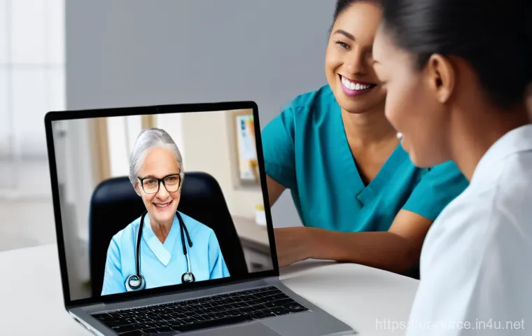 간호사의 기술 활용 및 디지털화 사례 - **Prompt: "A dedicated nurse, wearing neat, professional medical attire, is seated at a clean, well-...