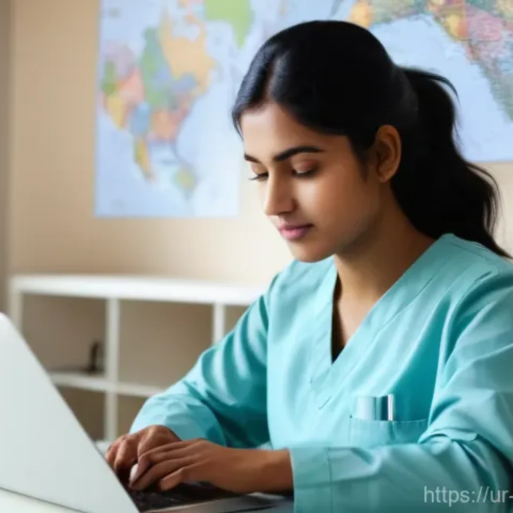 간호사 해외 직무 트렌드 - **A focused South Asian female nursing student in a well-lit, cozy study room.** She is in her late ...