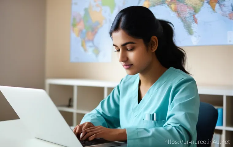 간호사 해외 직무 트렌드 - **A focused South Asian female nursing student in a well-lit, cozy study room.** She is in her late ...