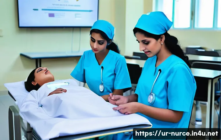 간호사 신규 교육 프로그램 - A modern nursing training classroom in Pakistan, featuring diverse students in modest attire includi...