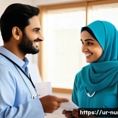 간호사와 환자 가족 간의 관계 - A compassionate Urdu-speaking nurse in traditional modest attire with a light blue uniform and a hij...
