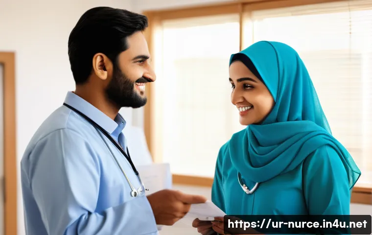 간호사와 환자 가족 간의 관계 - A compassionate Urdu-speaking nurse in traditional modest attire with a light blue uniform and a hij...