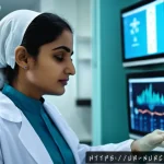 중환자실 간호사의 업무 - A detailed hospital intensive care unit scene featuring a skilled female nurse of South Asian descen...