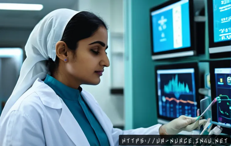 중환자실 간호사의 업무 - A detailed hospital intensive care unit scene featuring a skilled female nurse of South Asian descen...