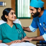 간호사의 환자 중심 치료 사례 - A compassionate Urdu-speaking female nurse wearing modest medical scrubs and a hijab, gently holding...
