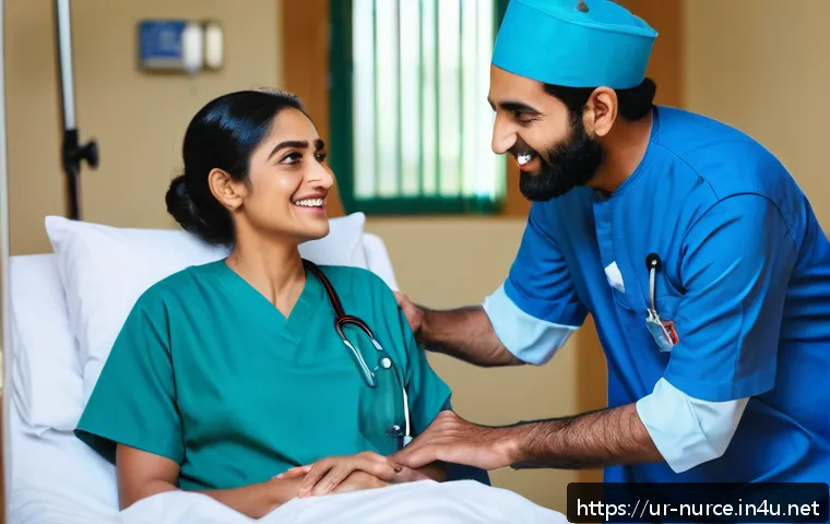 간호사의 환자 중심 치료 사례 - A compassionate Urdu-speaking female nurse wearing modest medical scrubs and a hijab, gently holding...